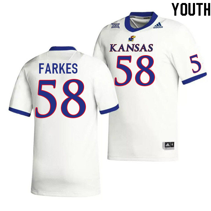 Youth #58 Kael Farkes Kansas Jayhawks College Football Jerseys Stitched Sale-White